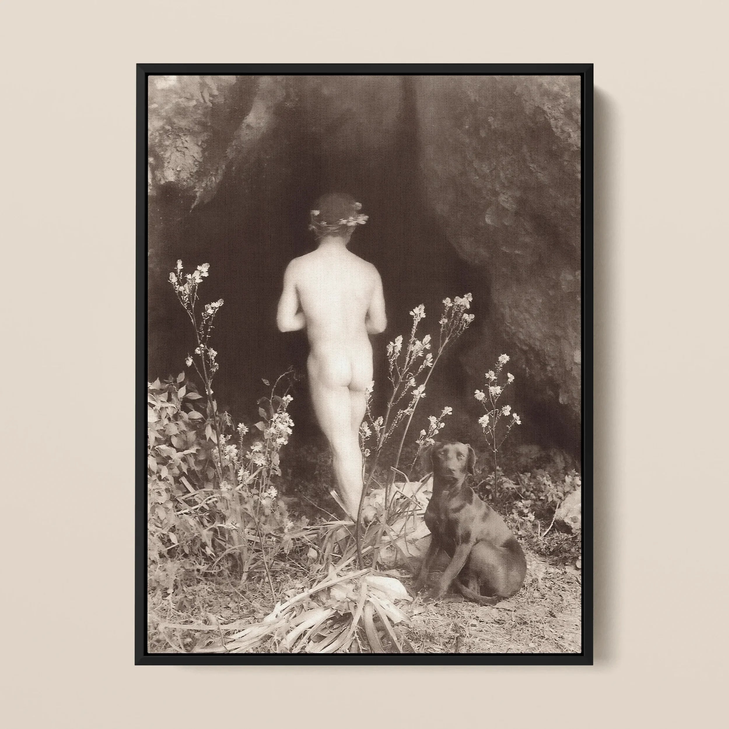 Naked Man Entering Cave - Wilhelm Von Gloeden Framed Canvas