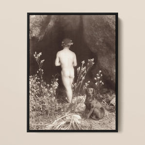 Naked Man Entering Cave - Wilhelm Von Gloeden Framed Canvas, Black White Photograph Nude Figure Camera Accompanied Seated