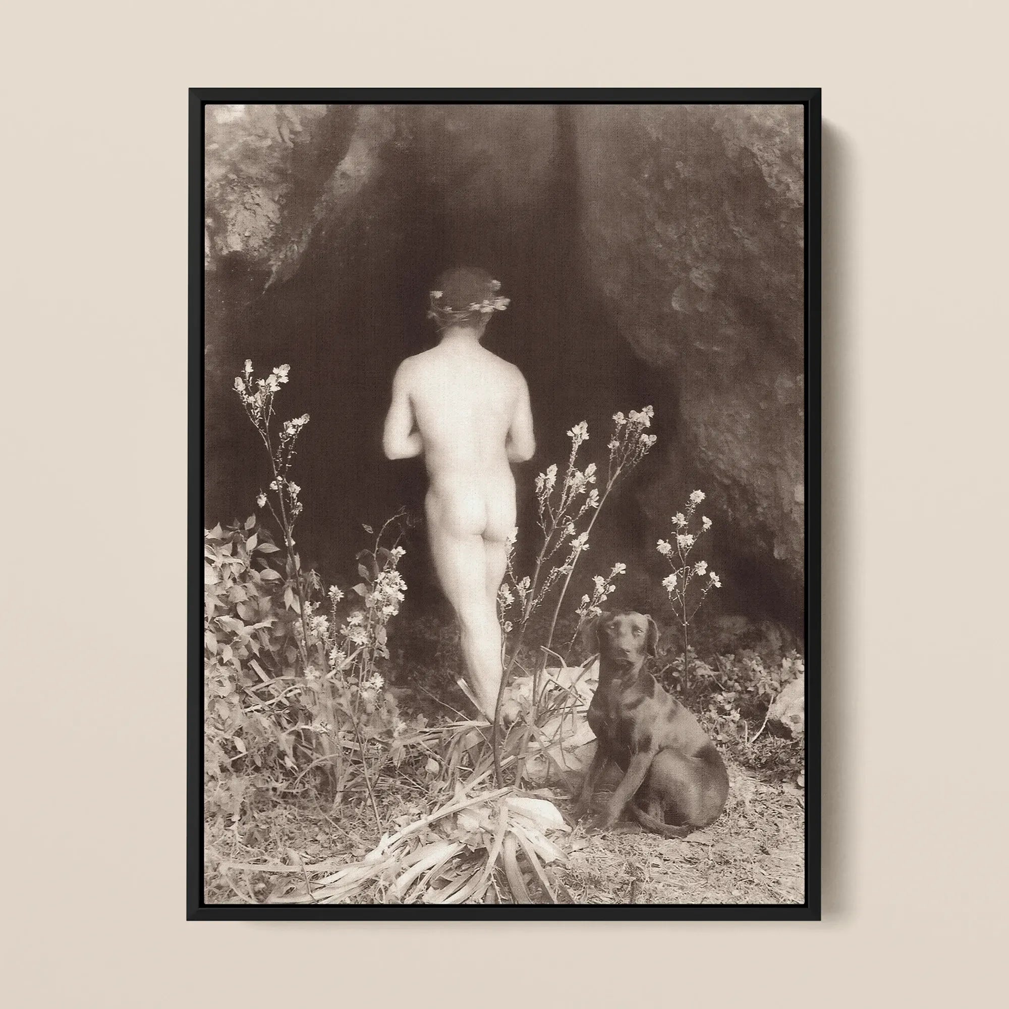 Naked Man Entering Cave - Wilhelm Von Gloeden Framed Canvas - Posters Prints & Visual Artwork - Aesthetic Art