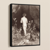 Naked Man Entering Cave - Wilhelm Von Gloeden Framed Canvas, Black White Artistic Nude Photograph Figure Among Flowers