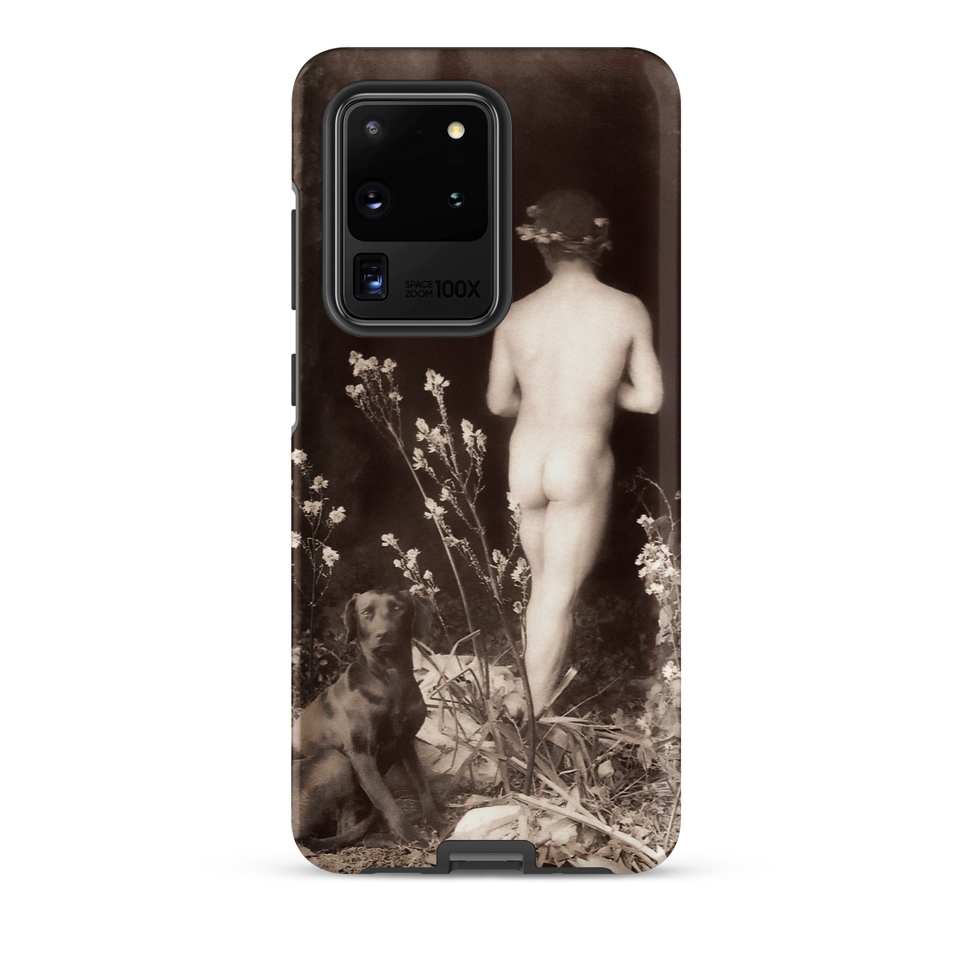 Naked Man Entering Cave Wilhelm Von Gloeden Samsung Case, Galaxy S20 Ultra / Matte, Dark Toned Phone Case Vintage Style Nude Figure Dog