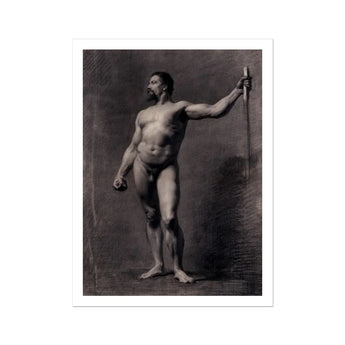 Naked Man with Spear - Mariano Fortuny Marsal Art Print, Black White Print Nude Male Figure Staff