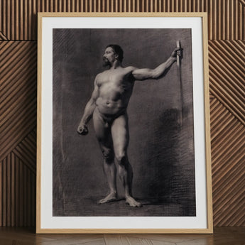 Naked Man with Spear - Mariano Fortuny Marsal Art Print / Canvas Black White Framed Nude Male Figure Print Canvas Mariano Fortuny Marsal,