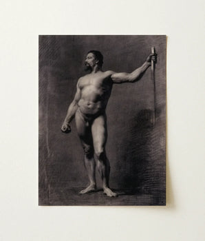 Monochromatic Charcoal Sketch Muscular Bearded Man Nude Staff Mariano Fortuny Marsal, Captures Anatomy, Shadows Sculpt