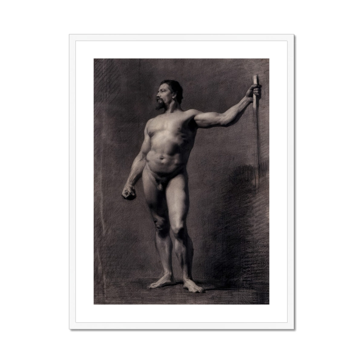 Naked Man with Spear Mariano Fortuny Marsal Art Print, Framed Black White Print Nude Male Figure Beard