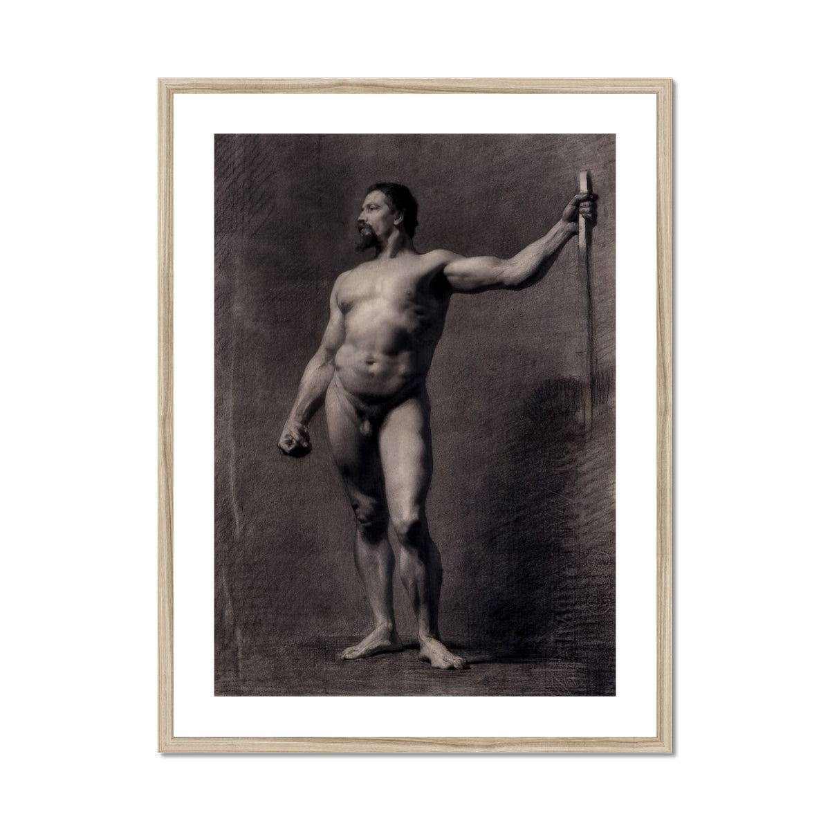 Naked Man with Spear Mariano Fortuny Marsal Art Print, Framed Sepia Toned Academic Male Nude Study Print