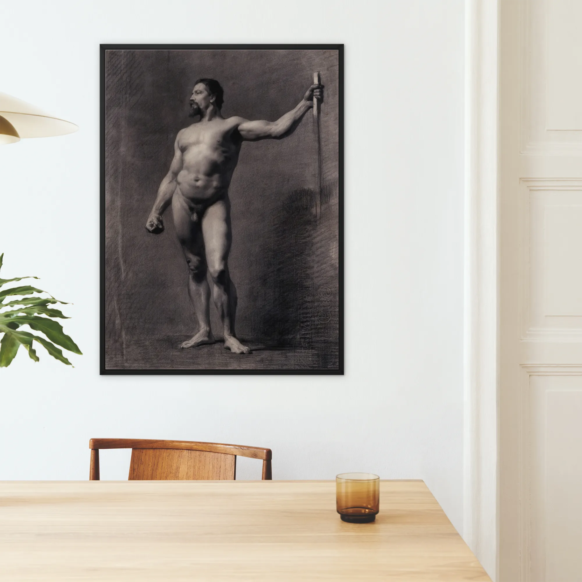 Naked Man with Spear Mariano Fortuny Marsal Framed Canvas, Black Framed Monochrome Art Print Male Figure