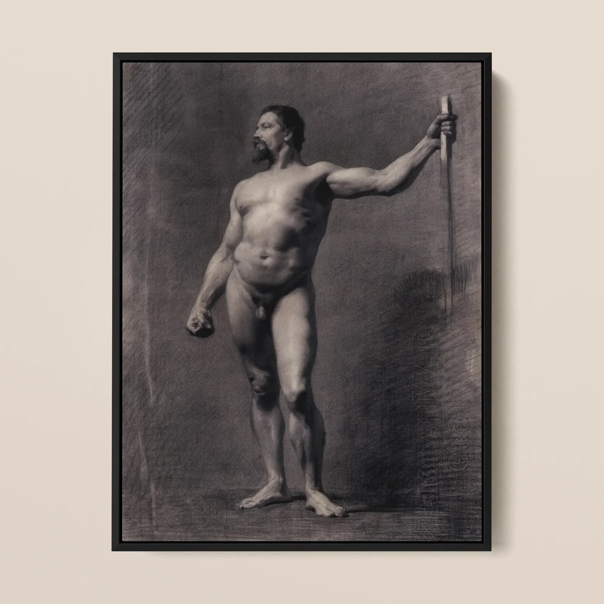 Naked Man with Spear Mariano Fortuny Marsal Framed Canvas, Framed Black White Print Nude Male Figure