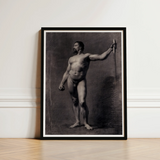 Naked Man with Spear - Mariano Fortuny Marsal Art Print / Canvas Black-framed Monochrome Sketch Muscular Nude Male, Captures Anatomy,