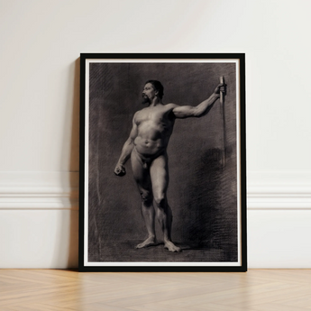Naked Man with Spear - Mariano Fortuny Marsal Art Print / Canvas Black-framed Monochrome Sketch Muscular Nude Male, Captures Anatomy,