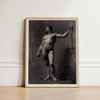 Naked Man with Spear - Mariano Fortuny Marsal Art Print / Canvas Framed Charcoal Sketch Muscular Nude Male Figure Sword, Captures Anatomy,