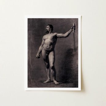 Naked Man with Spear - Mariano Fortuny Marsal Art Print / Canvas Monochrome Muscular Male Figure Classical Pose Rendered, Captures Anatomy,