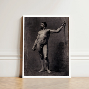 Naked Man with Spear - Mariano Fortuny Marsal Art Print / Canvas Framed Black-and-white Muscular Male Figure Sword Encased, Captures