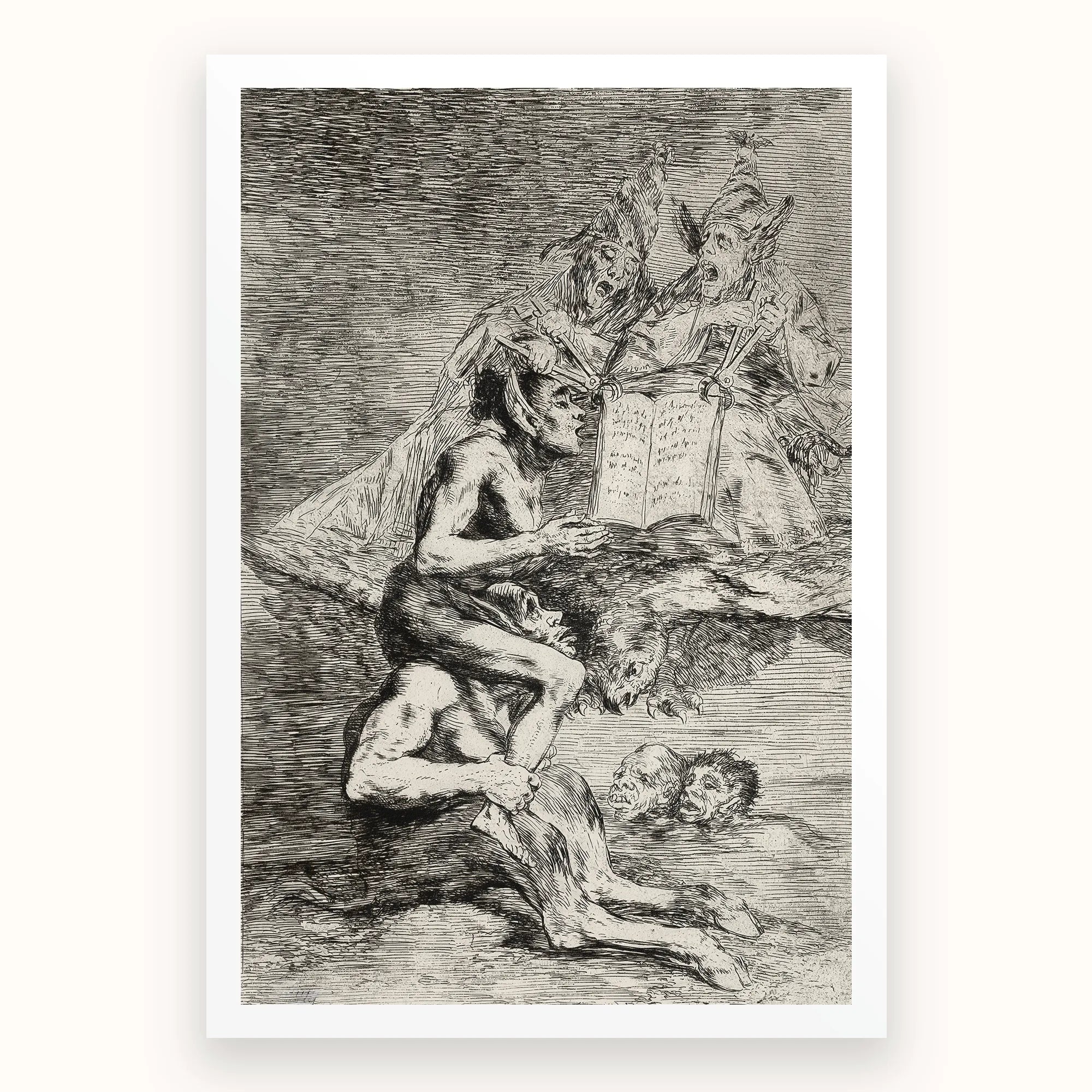 A Naked Witch Carried on the Shoulders of a Monster - Francisco De Goya Art Print, Black White Grotesque Scene Witches Demons