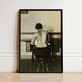 Naked Woman Sewing Lewis Hine Art Print / Canvas Black-framed Black-and-white Photographic Seated Antique Desk, Shot, American Social