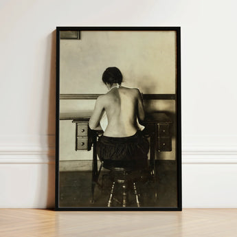Naked Woman Sewing Lewis Hine Art Print / Canvas Black-framed Black-and-white Photographic Seated Antique Desk, Shot, American Social