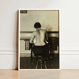Naked Woman Sewing Lewis Hine Art Print / Canvas Framed Black-and-white Photographic Seated Desk Enclosed, Shot, American Social Reform,