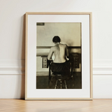 Naked Woman Sewing Lewis Hine Art Print / Canvas Minimalist Wooden-framed Black-and-white Photographic Print Woman Seated Desk Lewis Hine,