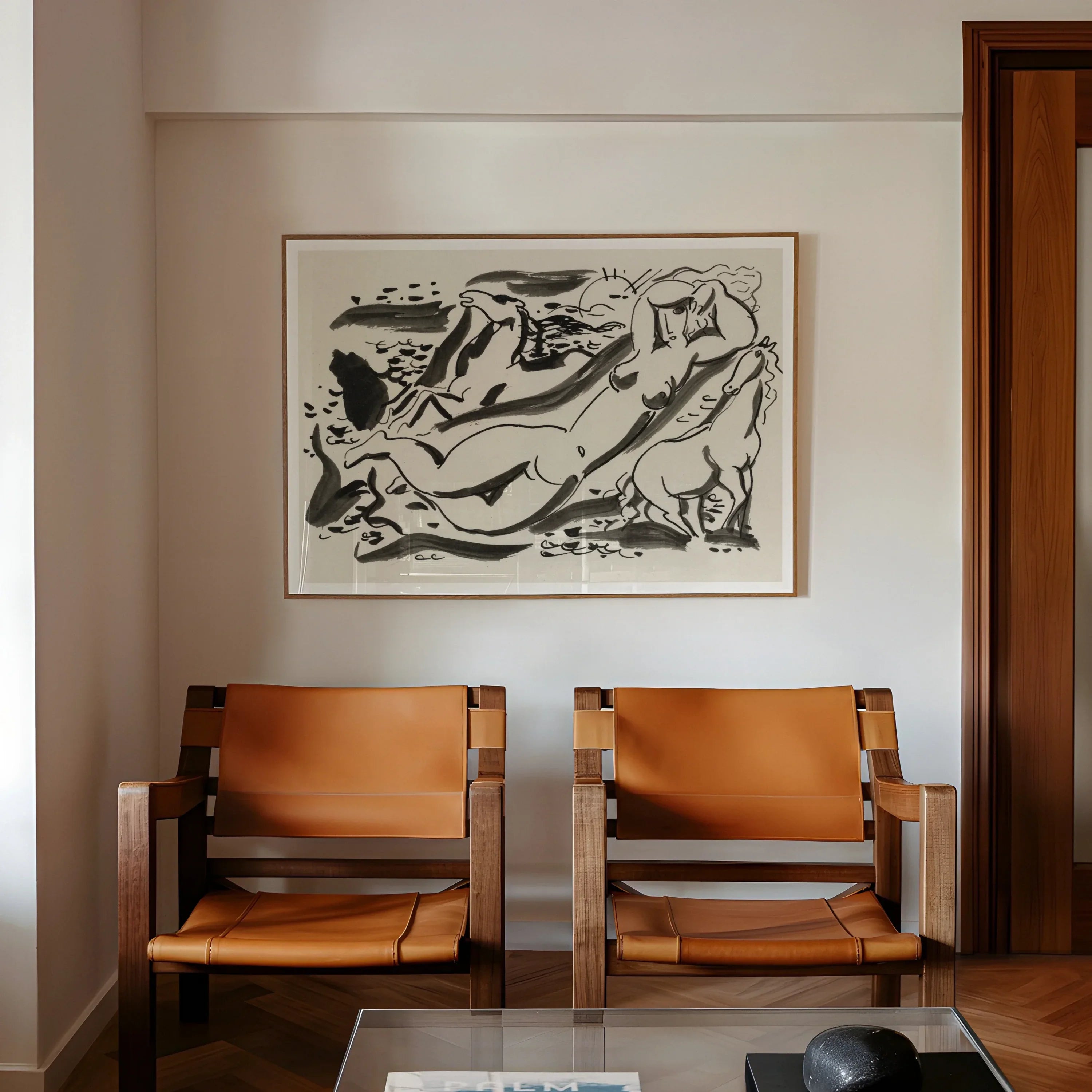 Naked Woman & Two Horses with the Sea Leo Gestel Art Print, Abstract Black White Artwork Mounted Wall Two Leather