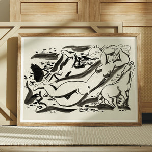 Naked Woman & Two Horses with the Sea - Leo Gestel Art Print, Black White Abstract Artwork Nude Figures Expressionist Style