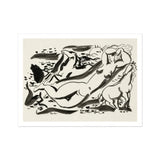 Naked Woman & Two Horses with the Sea - Leo Gestel Art Print, Black White Ink Abstract Figures Forms Dynamic Composition