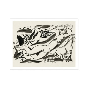 Naked Woman & Two Horses with the Sea - Leo Gestel Art Print, Black White Ink Abstract Figures Forms Dynamic Composition