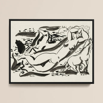 Naked Woman & Two Horses with the Sea - Leo Gestel Art Print / Canvas, 16x12’’ / 41x31cm / Black Frame, Posters Prints Visual Artwork, Toby