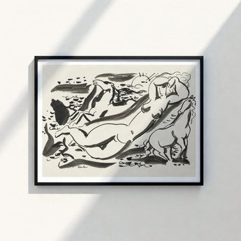 Black-framed Artwork Minimalist Ink Nude Figures Horses Off-white Leo Gestel Art, Gestel’s Naked Woman, Sea Beckons