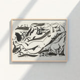 Minimalist Wooden-framed Artwork Bold Black Ink Line Drawings Leo Gestel Art, Gestel’s Naked Woman, Sea Beckons