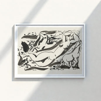 Framed Black White Ink Abstract Stylized Figures Dynamic Leo Gestel Art, Gestel’s Naked Woman, Sea Beckons