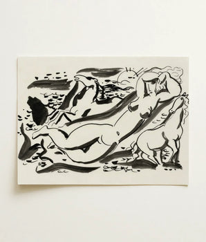 Black Ink Abstract Off-white Paper Nude Figure Horse Leo Gestel Art, Gestel’s Naked Woman, Sea Beckons