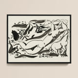 Naked Woman & Two Horses with the Sea - Leo Gestel Art Print / Canvas Black White Ink Sleek Frame Abstracted Figures Nude Leo Gestel Art,