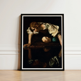 Narcissus - Caravaggio Greek Myth Art Print / Canvas Black-framed Reproduction Caravaggio’s Saint Matthew White Mat, Boy’s Body, Closed