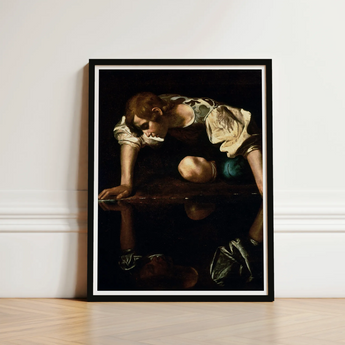 Narcissus - Caravaggio Greek Myth Art Print / Canvas Black-framed Reproduction Caravaggio’s Saint Matthew White Mat, Boy’s Body, Closed