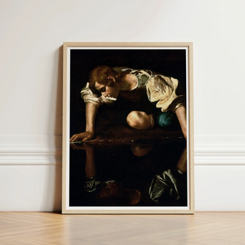 Narcissus - Caravaggio Greek Myth Art Print / Canvas Framed Reproduction Caravaggio’s Saint Matthew Light Wood Frame, Boy’s Body, Closed