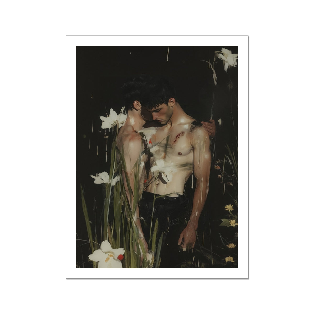 Nature / Nurture Gay Seduction Rendezvous Art Print, 18x24’’ / 46x61cm / Unframed, Two Shirtless Men Garden