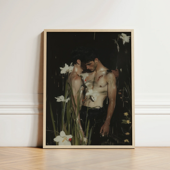 Framed Artwork Two Shirtless Men Dark Moody Scene Gay Seduction Rendezvous, Floral Hush, Art Print