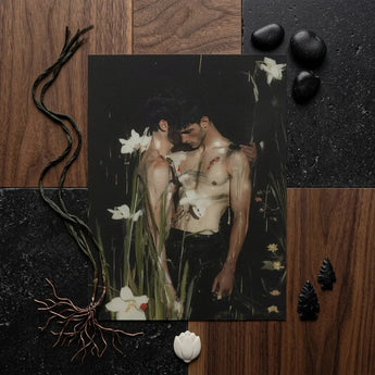Darkly Painted Rectangular Art Print Two Shirtless Men Gay Seduction Rendezvous, Floral Hush