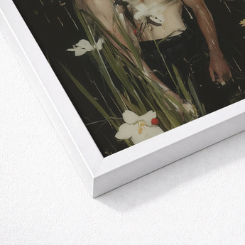 White Framed Art Print Moody Painterly Scene Figure Gay Seduction Rendezvous, Floral Hush