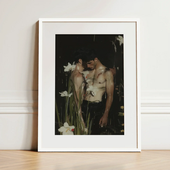 Nature / Nurture - Gay Seduction Rendezvous Art Print / Canvas White-framed Art Print Moody Dark-toned Painting Two Shirtless Gay Seduction