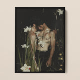 Nature / Nurture - Secret Gay Lovers Framed Canvas, 12x16’’ / 31x41cm / Black Floating Frame, Framed Painting Two Men Amidst Flowers