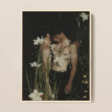 Nature / Nurture - Secret Gay Lovers Framed Canvas, 12x16’’ / 31x41cm / Natural Floating Frame, Oil Painting Two Men Among White Flowers