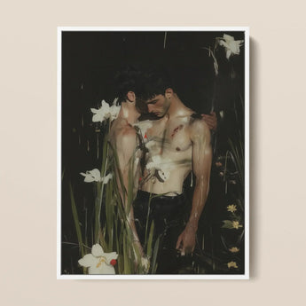 Nature / Nurture - Secret Gay Lovers Framed Canvas, 12x16’’ / 31x41cm / White Floating Frame, Framed Art Print Two Shirtless Men Field White