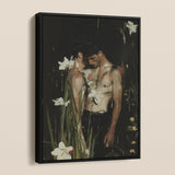 Nature / Nurture - Secret Gay Lovers Framed Canvas, Framed Painting Two Shirtless Men White Flowers