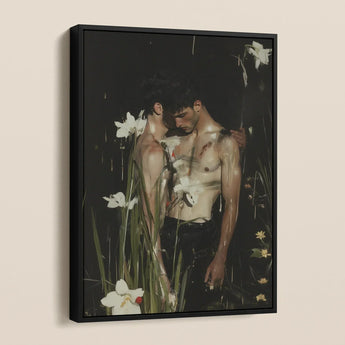 Nature / Nurture - Secret Gay Lovers Framed Canvas, Framed Painting Two Shirtless Men White Flowers