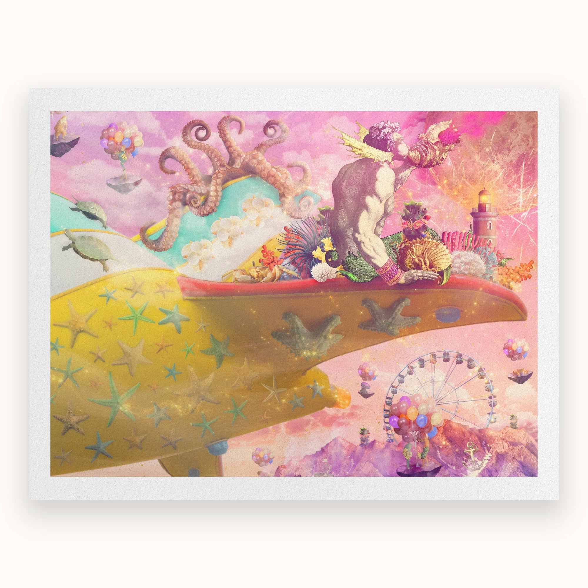 Nerry Rides Side Saddle - Surreal Nymph Collage Art Print, Surreal Colorful Painting Fantastical Underwater Seascape Whimsical Elements