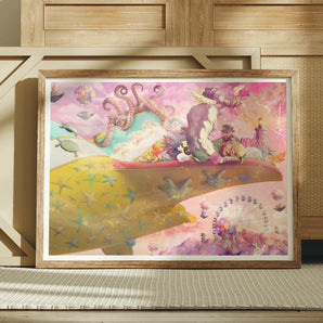 Nerry Rides Side Saddle - Surreal Nymph Collage Art Print, Framed Abstract Painting Pastel Colors Organic Shapes