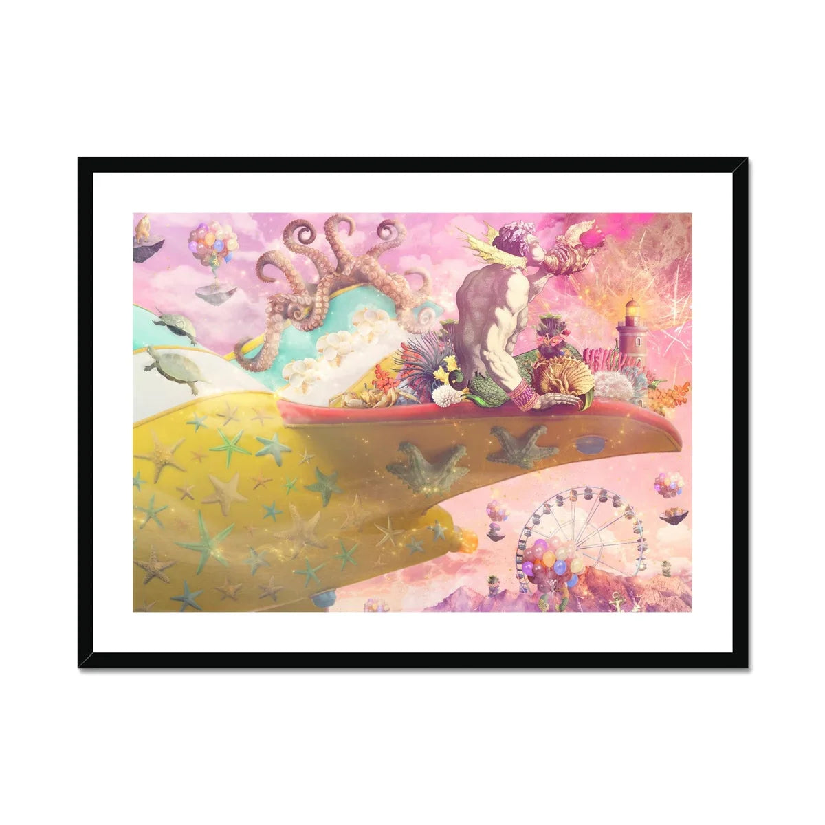 Nerry Rides Side Saddle Surreal Nymph Collage Art Print, Framed Abstract Watercolor Painting Pastel Colors Whimsical Organic