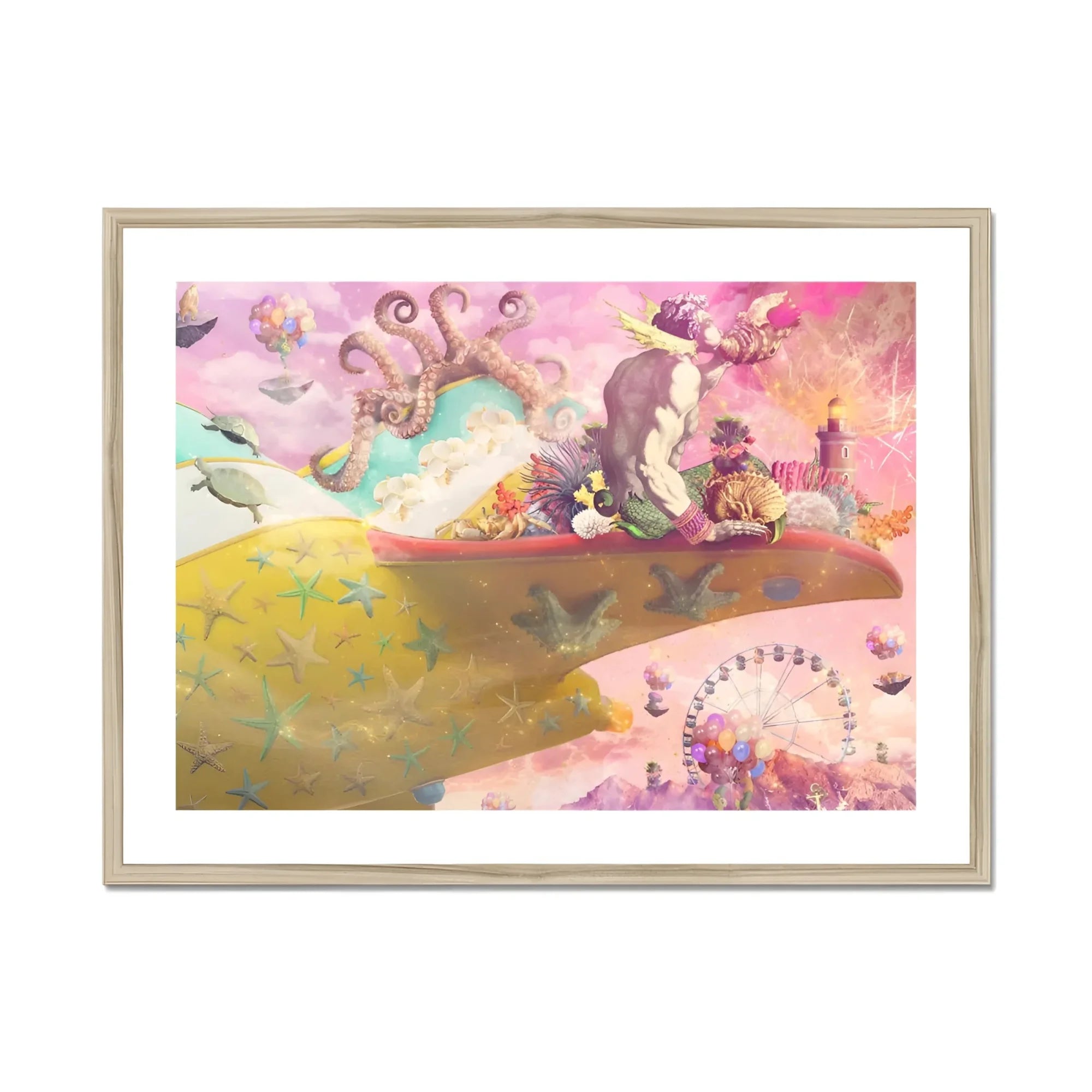 Nerry Rides Side Saddle - Surreal Nymph Collage Art Print, Framed Whimsical Watercolor Artwork Abstract Shapes Pastel Colors