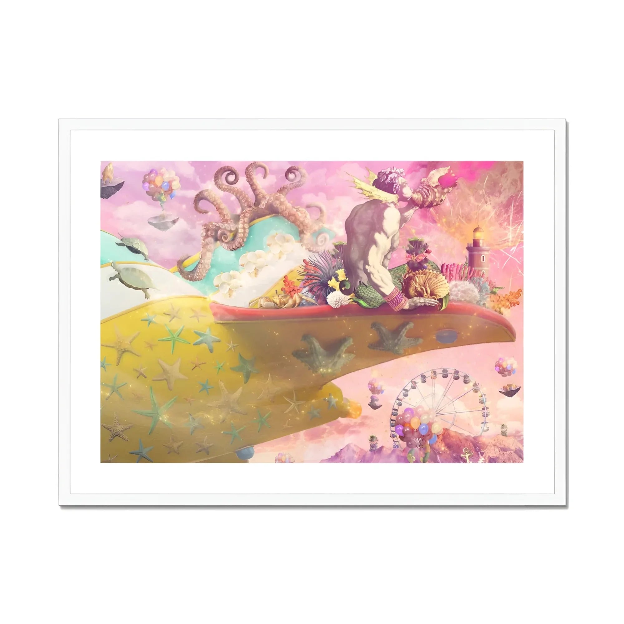 Nerry Rides Side Saddle - Surreal Nymph Collage Art Print, Whimsical Watercolor Painting Pastel Landscapes Abstract Shapes Patterns